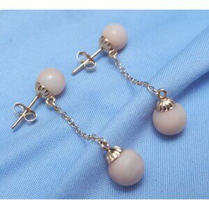 Beautiful 14K Solid Yellow Gold Designer Dangle Drop Hanging Coral Stud Earrings